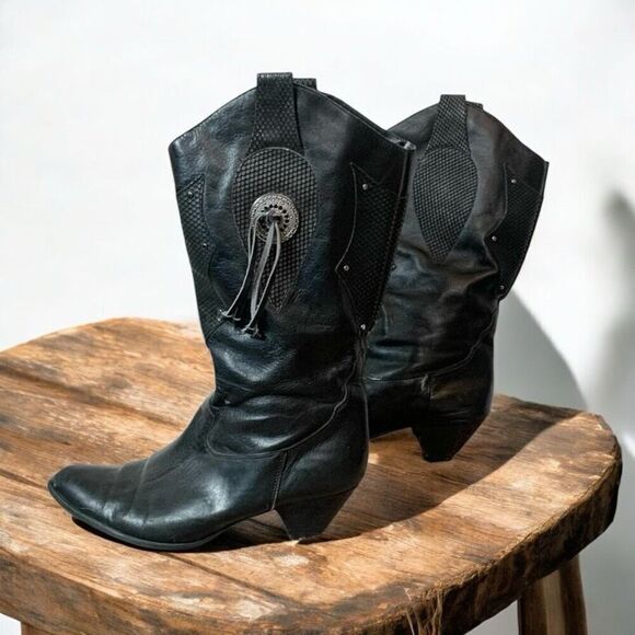 Vintage Black Cowboy Western Boots Fringe Retro 80s 10 - Picture 1 of 10